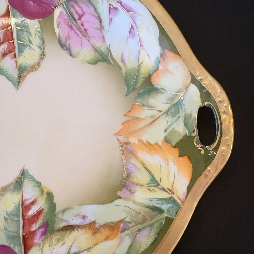 Vintage Royal Austria O&E.G. Cake Plate Autumn Leaves Hand‎ Painted Gold Trim